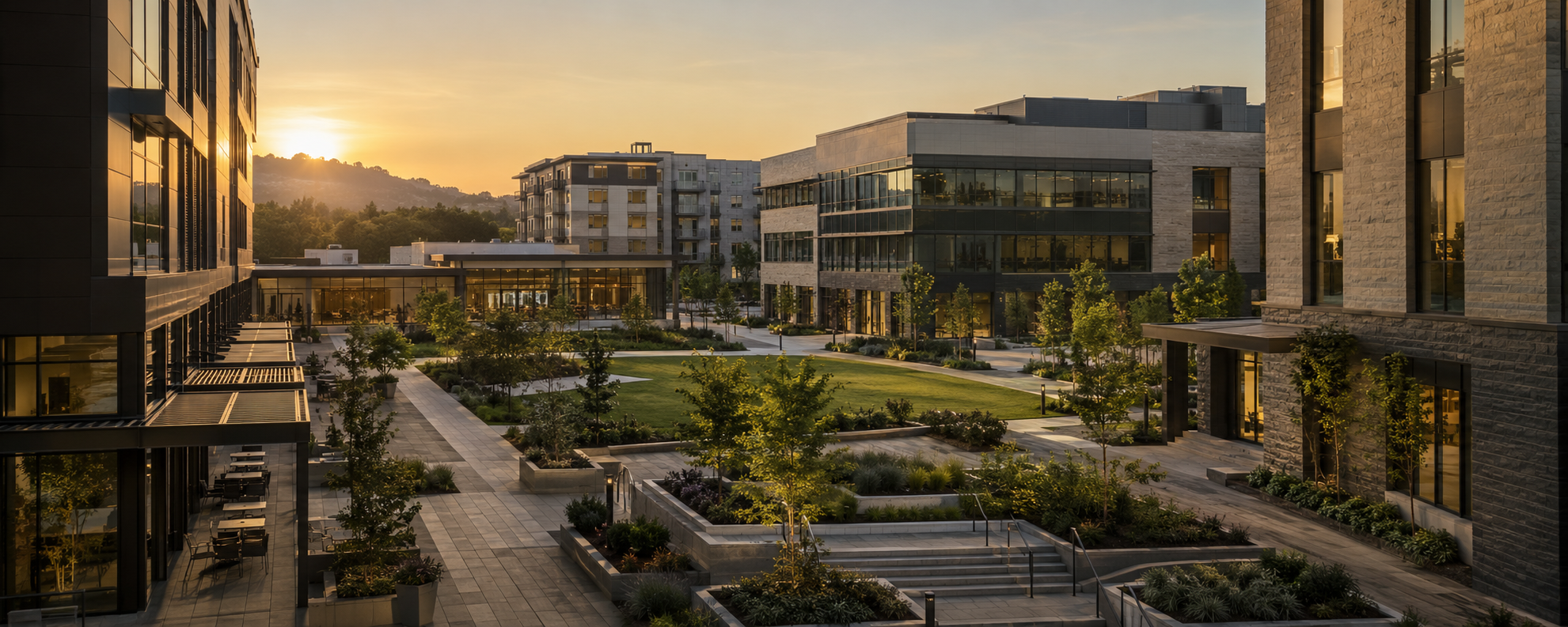 Modern mixed-use property campus with commercial, residential and community buildings